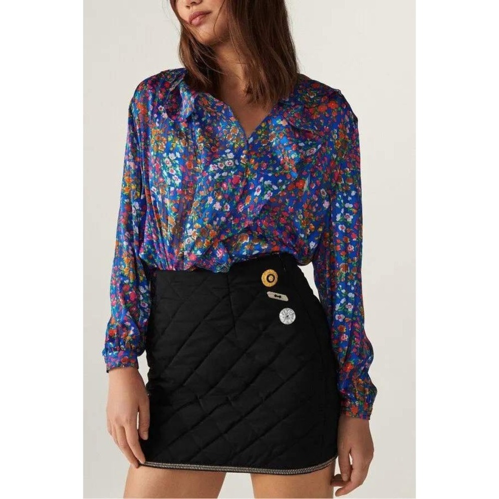 FLAW ba&sh Paris Claude Quilted Mini Skirt Wool Blend Embellished Black Size 1